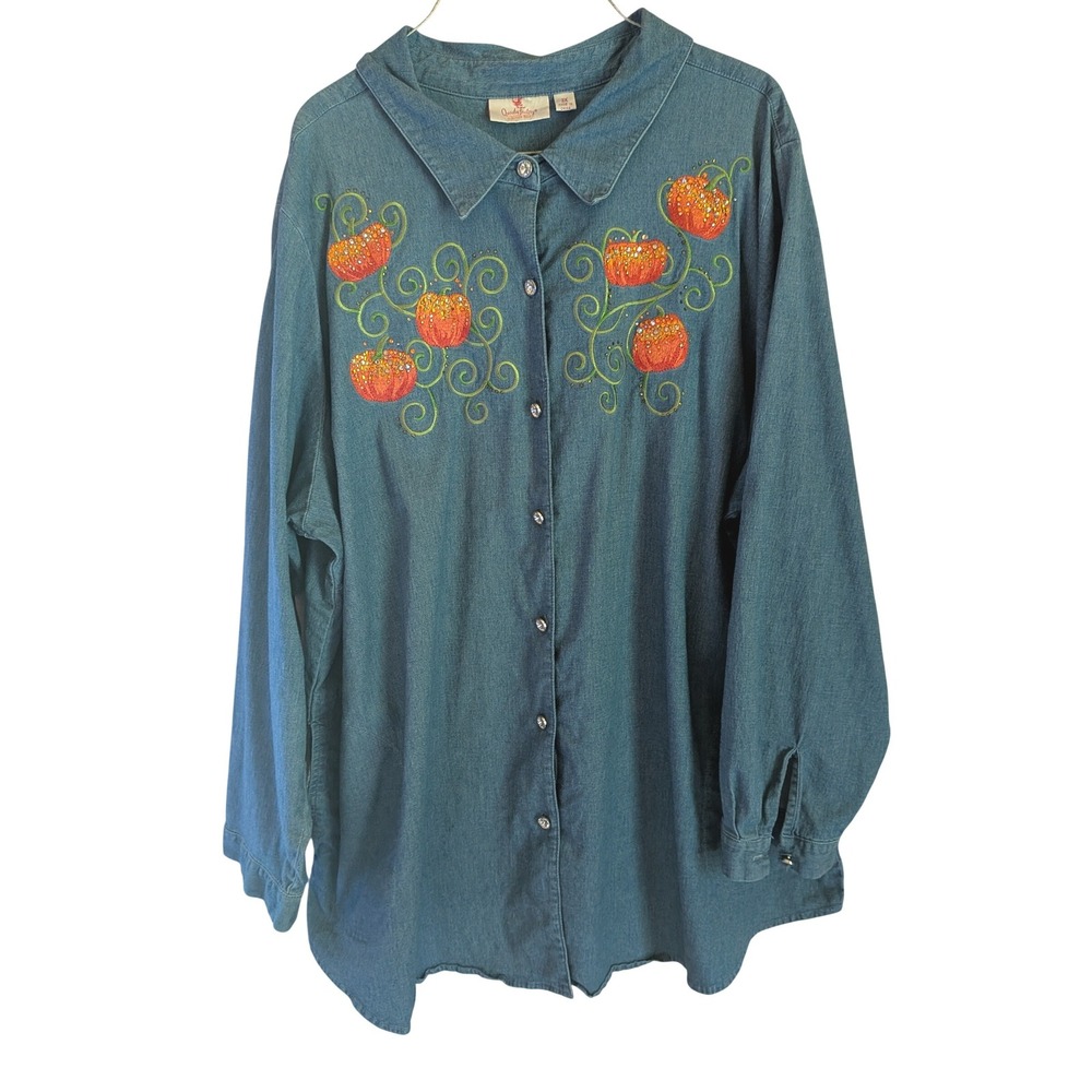 Quacker Factory Button Up Top 3X Embroidered Pumpkin Rhinestone Festive Fall
